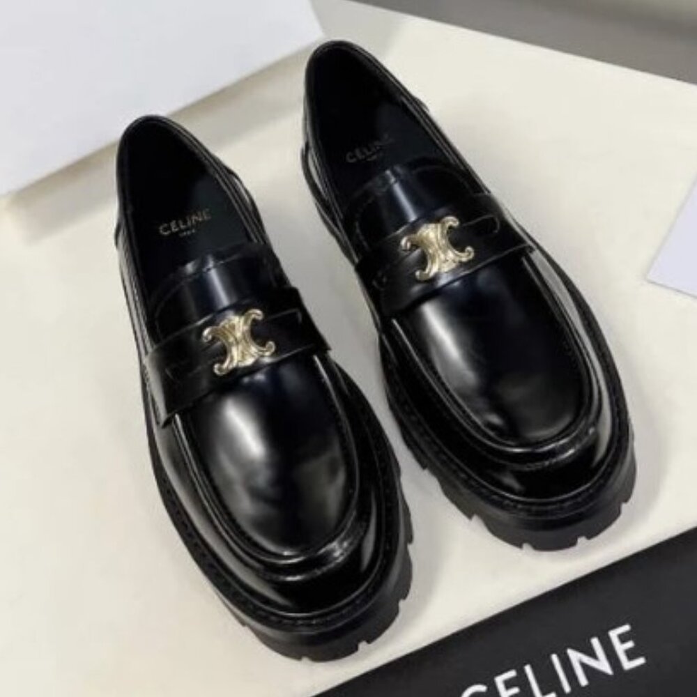 Celine Black Gold Slip-On Loafers with Chain Accent
